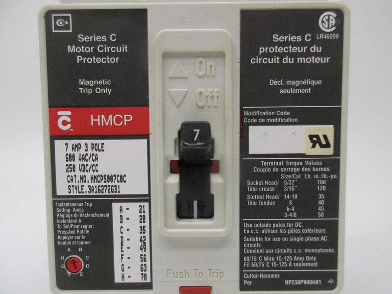 CUTLER HAMMER HMCPS007C0C 3A16272G31 CIRCUIT BREAKER 7A 600VAC  NSNP