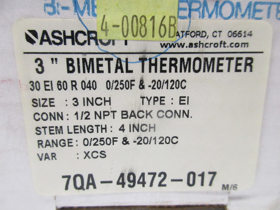 ASHCROFT 30EI60R0400/250F&-20/120C NSMP
