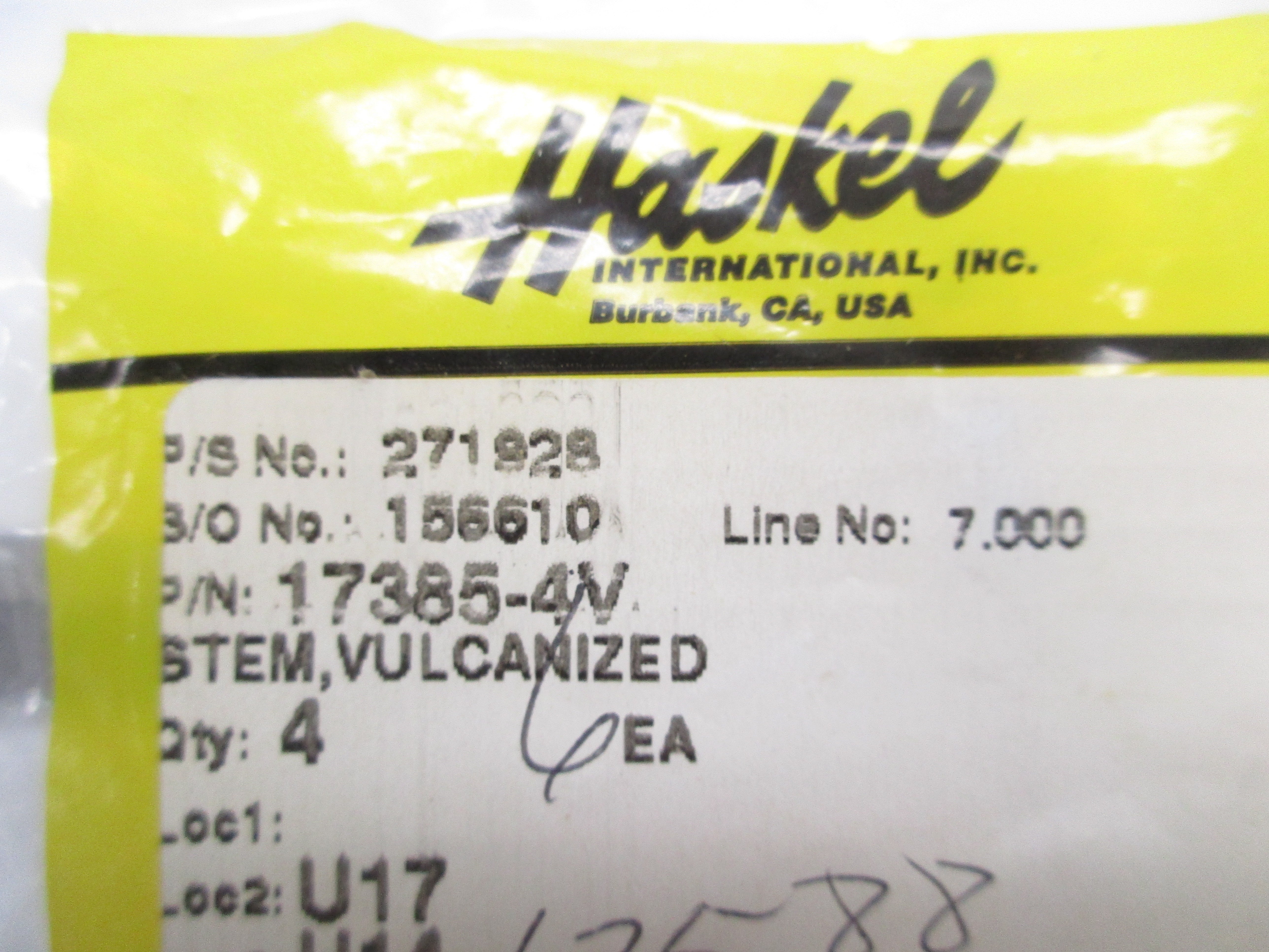 HASKEL 17385-4V VULCANIZED STEM * NEW IN FACTORY BAG *