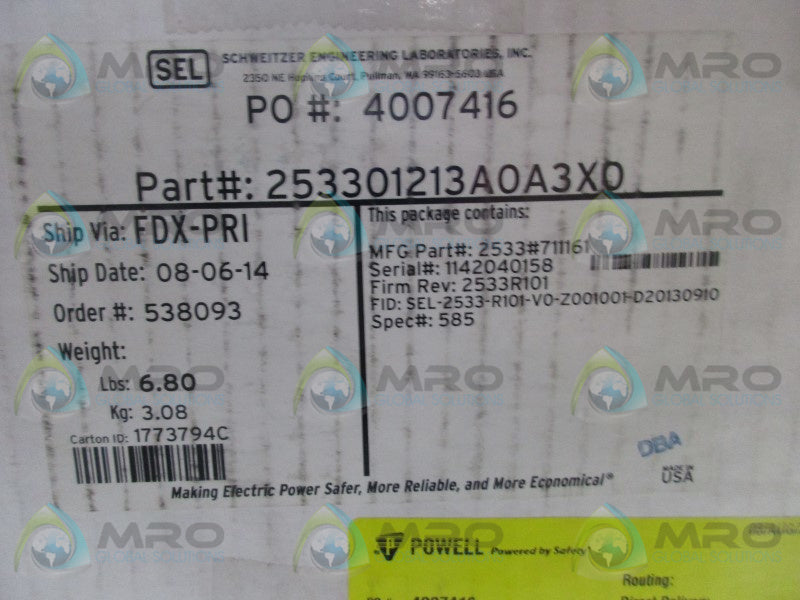 SEL SEL-2533 253301213A0A3X0 ANNUNCIATOR * NEW IN BOX *