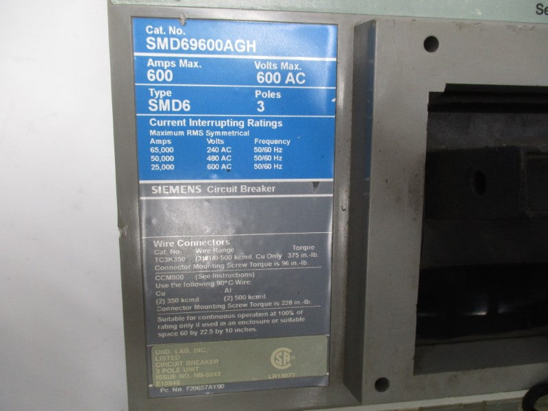 SIEMENS SMD69600AGH 600VAC 600A REMAN