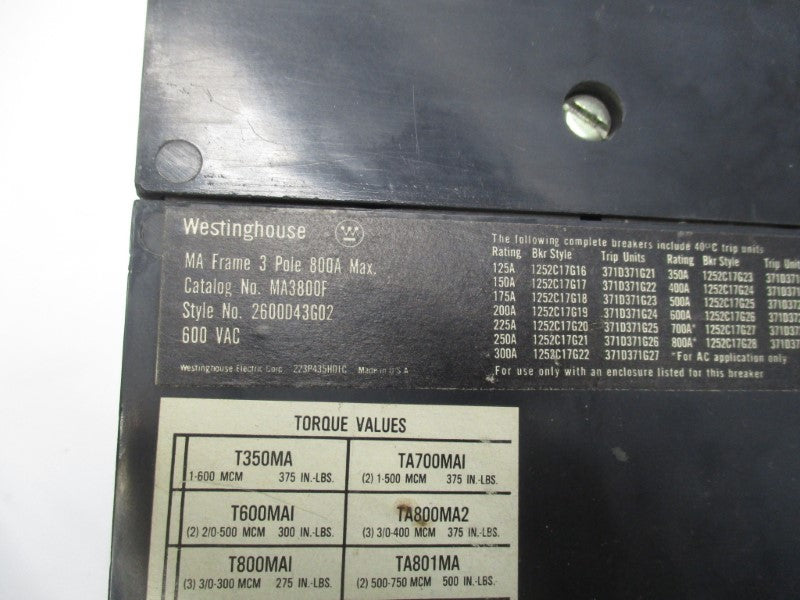 WESTINGHOUSE MA3800 600VAC 800A REMAN