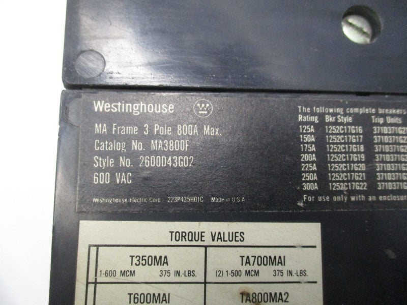 WESTINGHOUSE MA3800 600VAC 800A REMAN