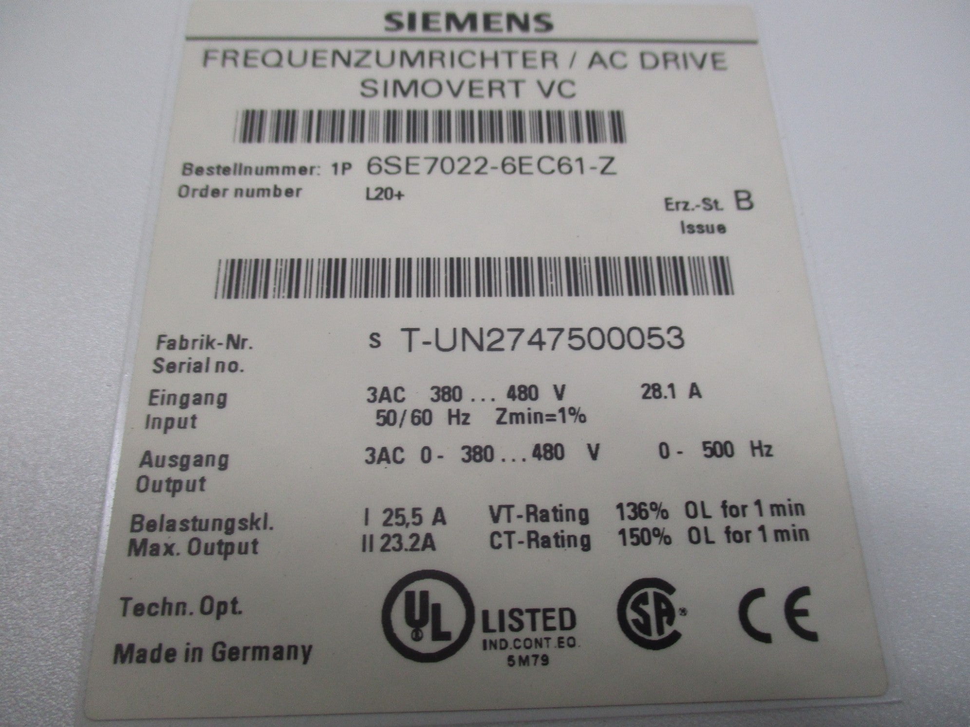 SIEMENS 6SE7022-6EC61-Z-L20 NSMP