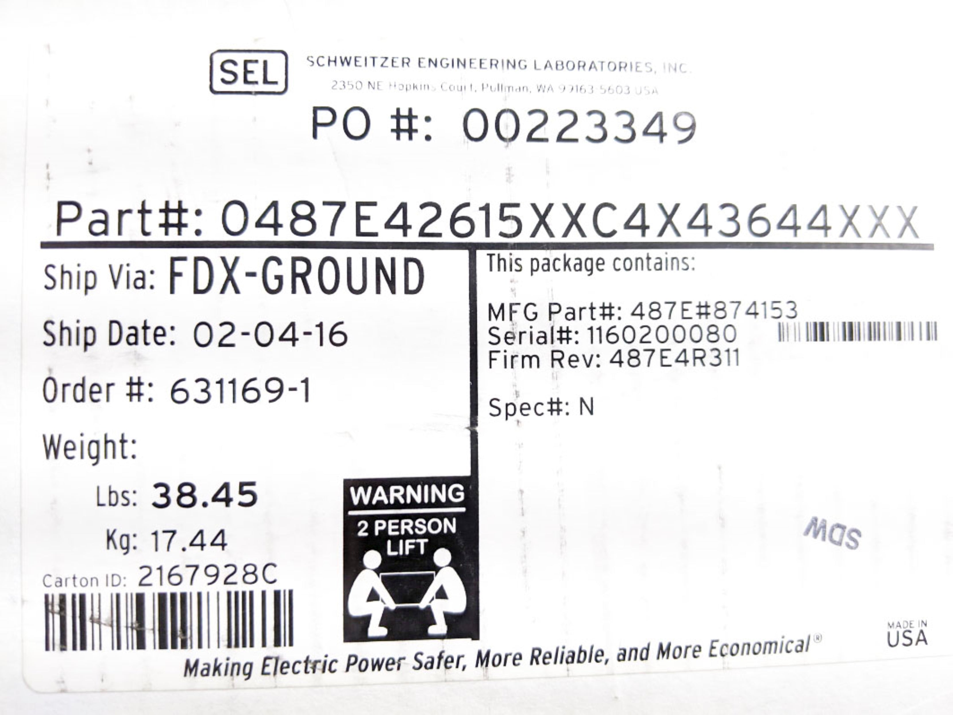 SEL SEL-487E 0487E42615XXC4X43644XXX (AS PICTURED) NSMP