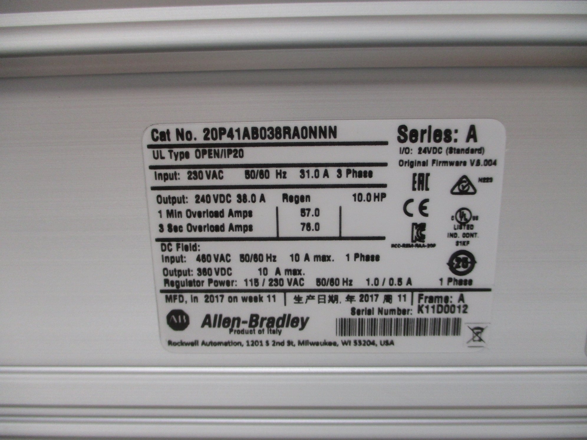INDUSTRIAL SPARE PART 20P41AB038RA0NNN SER. A F/W 6.004 230VAC 38.0A NSMP