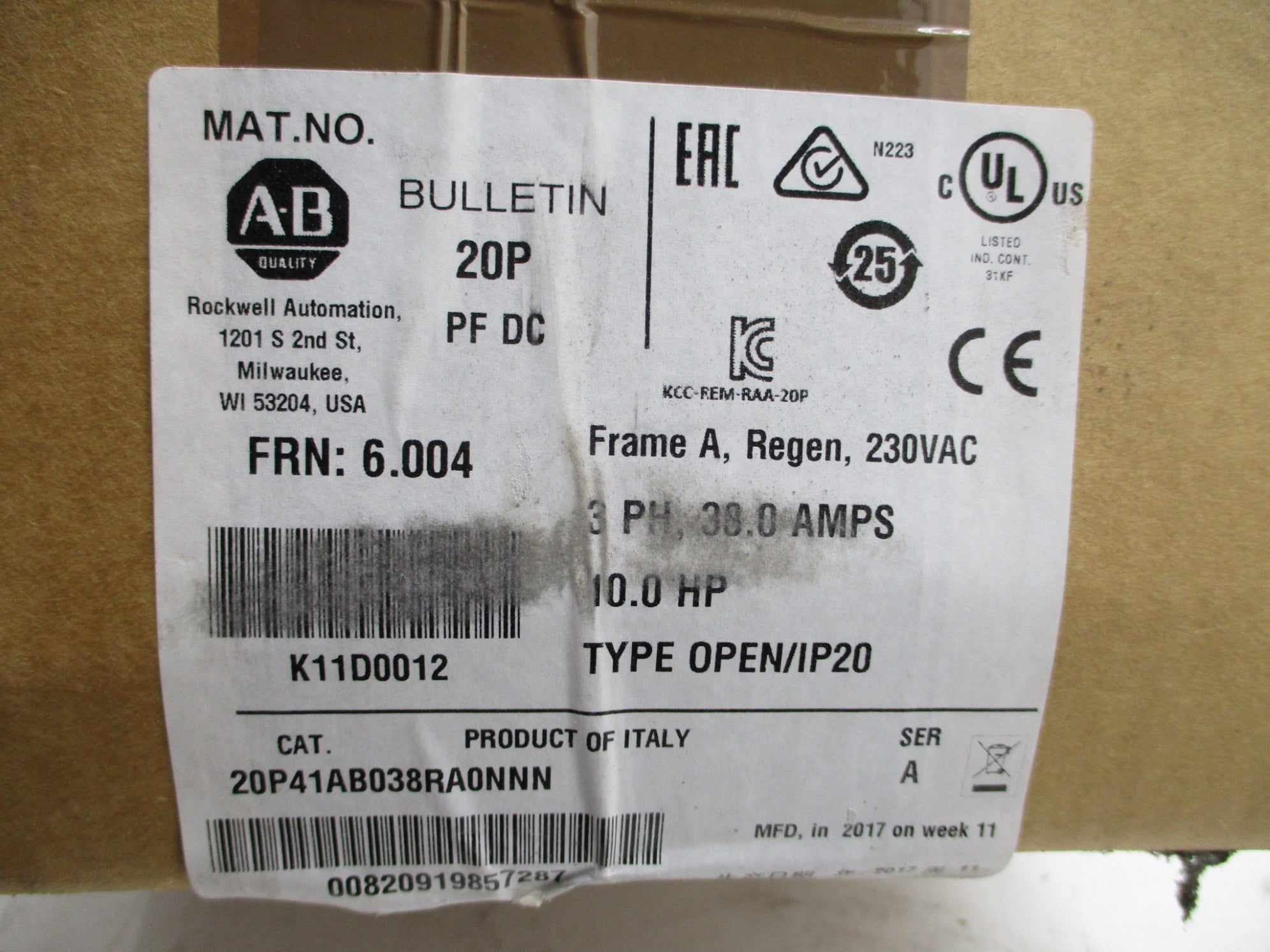 INDUSTRIAL SPARE PART 20P41AB038RA0NNN SER. A F/W 6.004 230VAC 38.0A NSMP