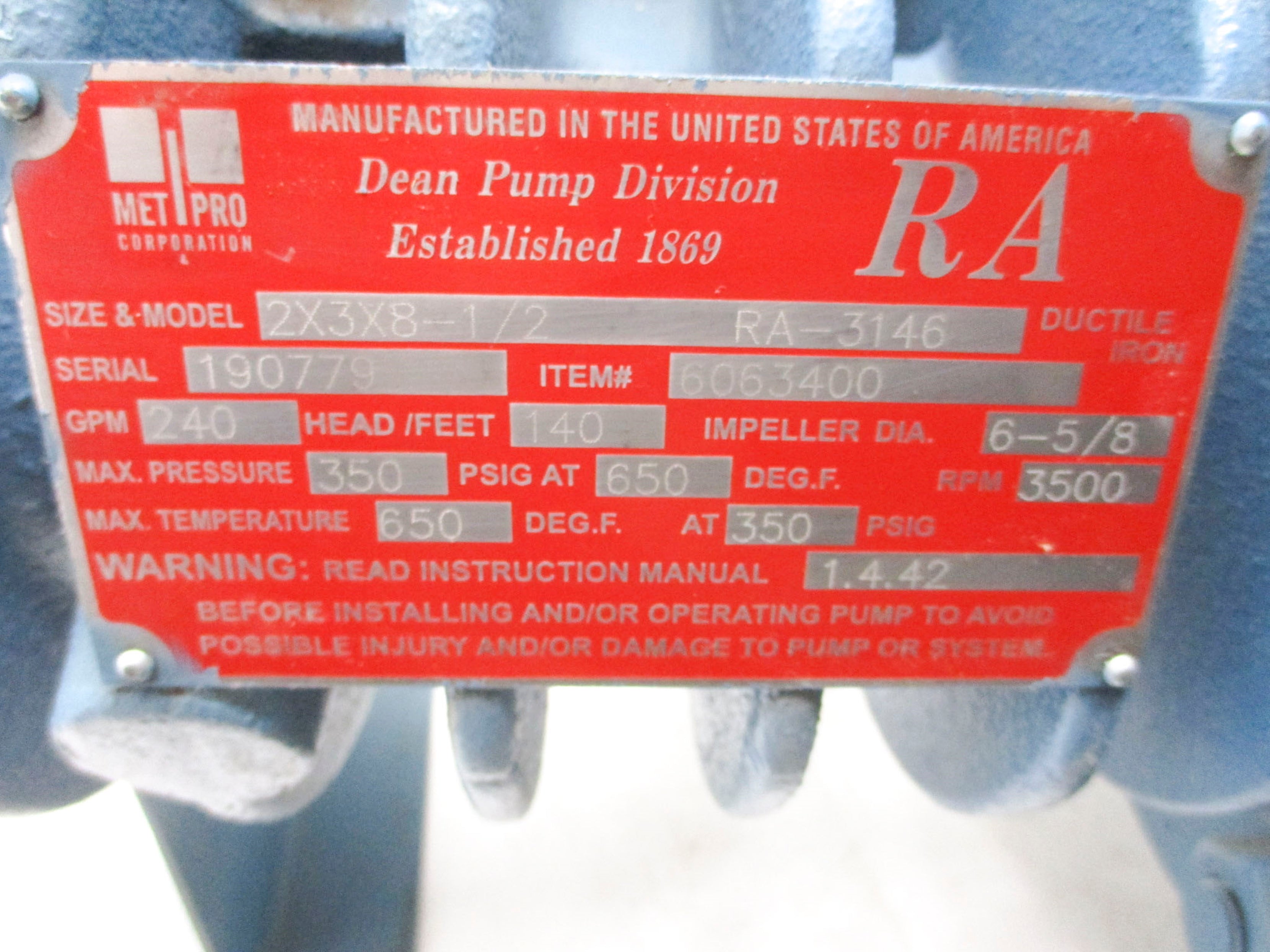 DEAN PUMP RA-3146 2X3X8-1/2 350PSIG NSNP