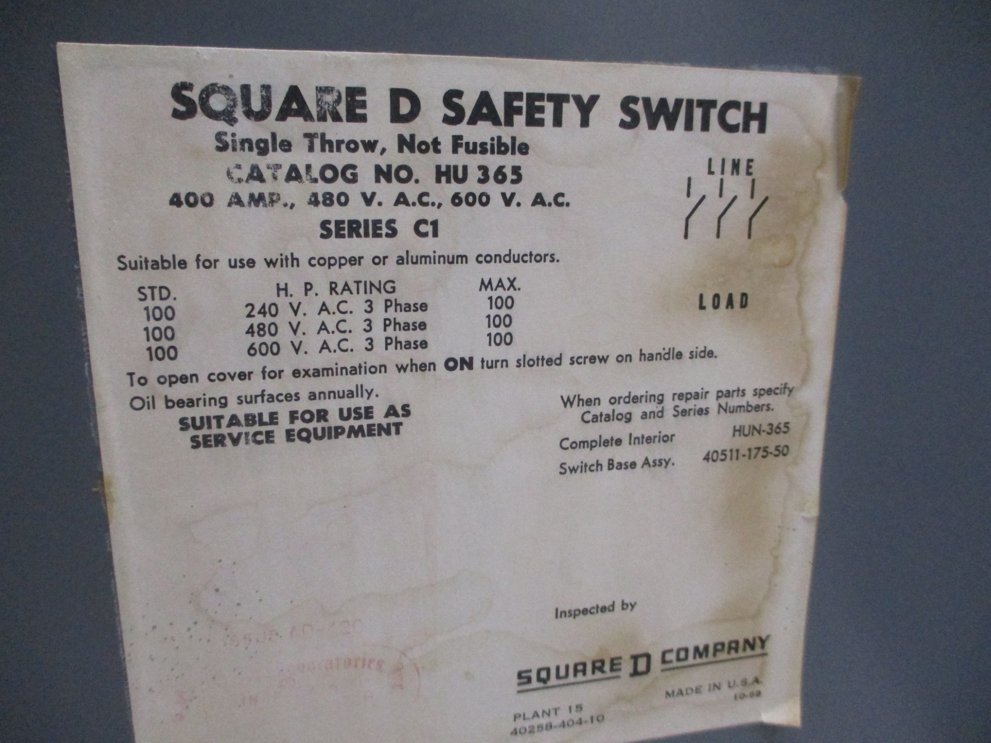 SQUARE D HU365 SER.C1 NSNP