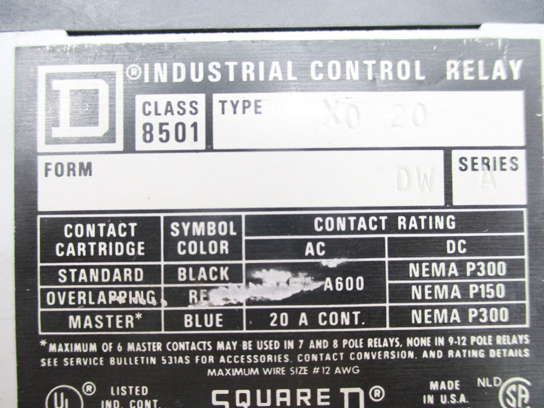 SQUARE D 8501XO20V02 SER. A 110/120V 20A UNMP
