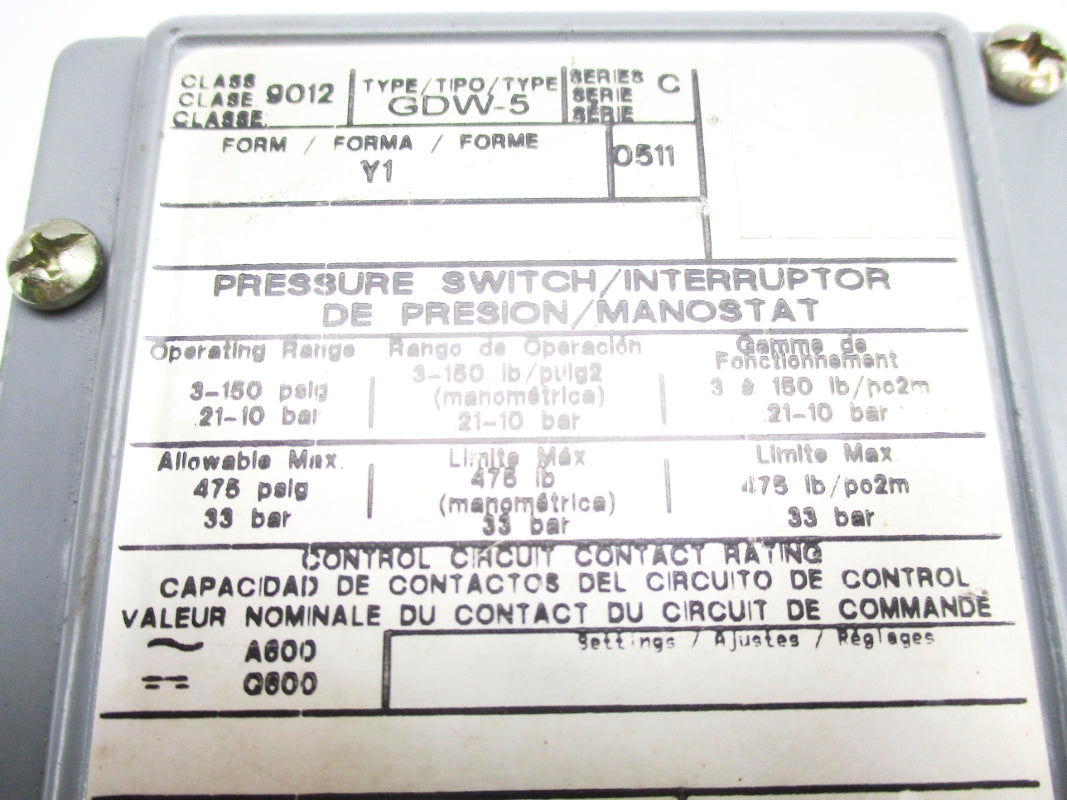 SQUARE D 9012GDW-5 SER. C 3-150PSI UNMP