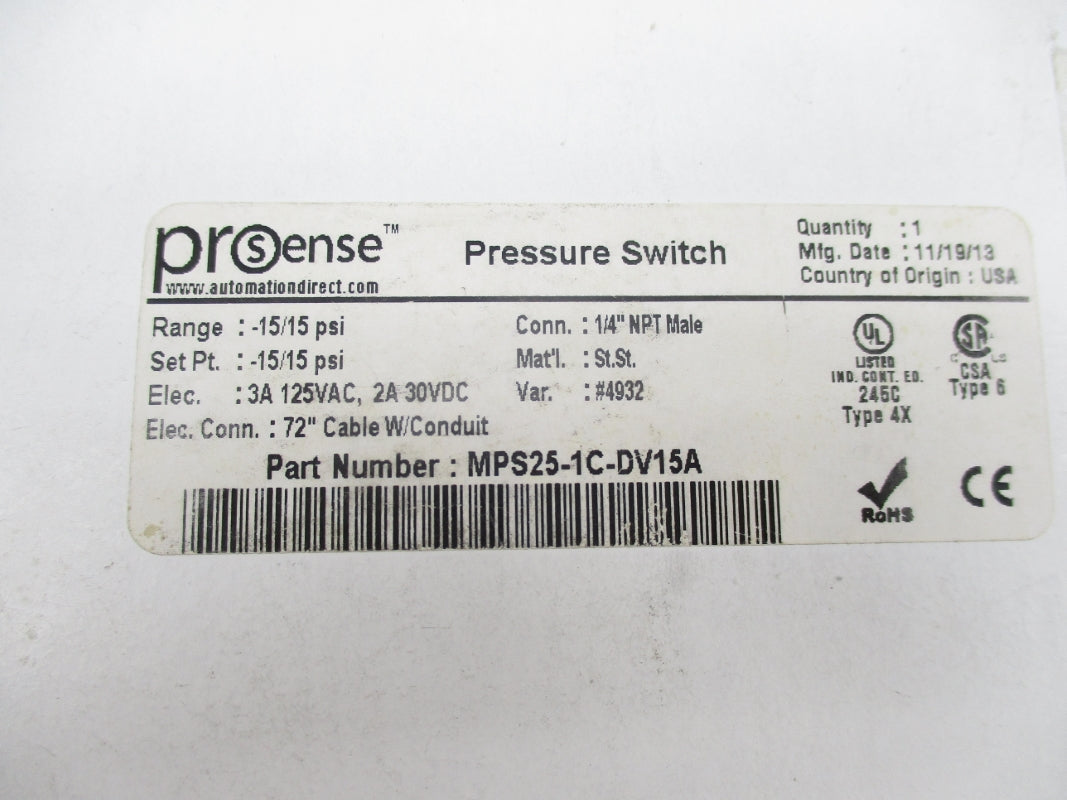 PROSENSE MPS25-1C-DV15A -15/15PSI NSMP