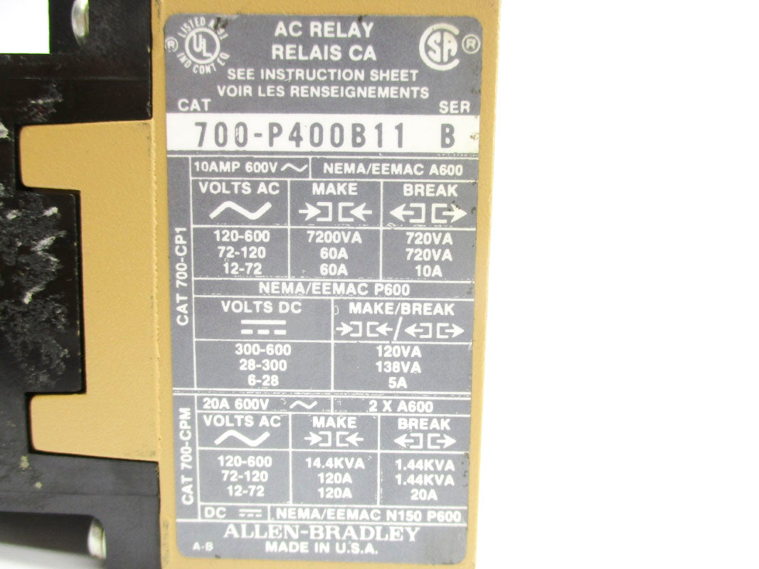 ALLEN BRADLEY 700-P400B11 SER. B 110/115-120V 10A NSNP