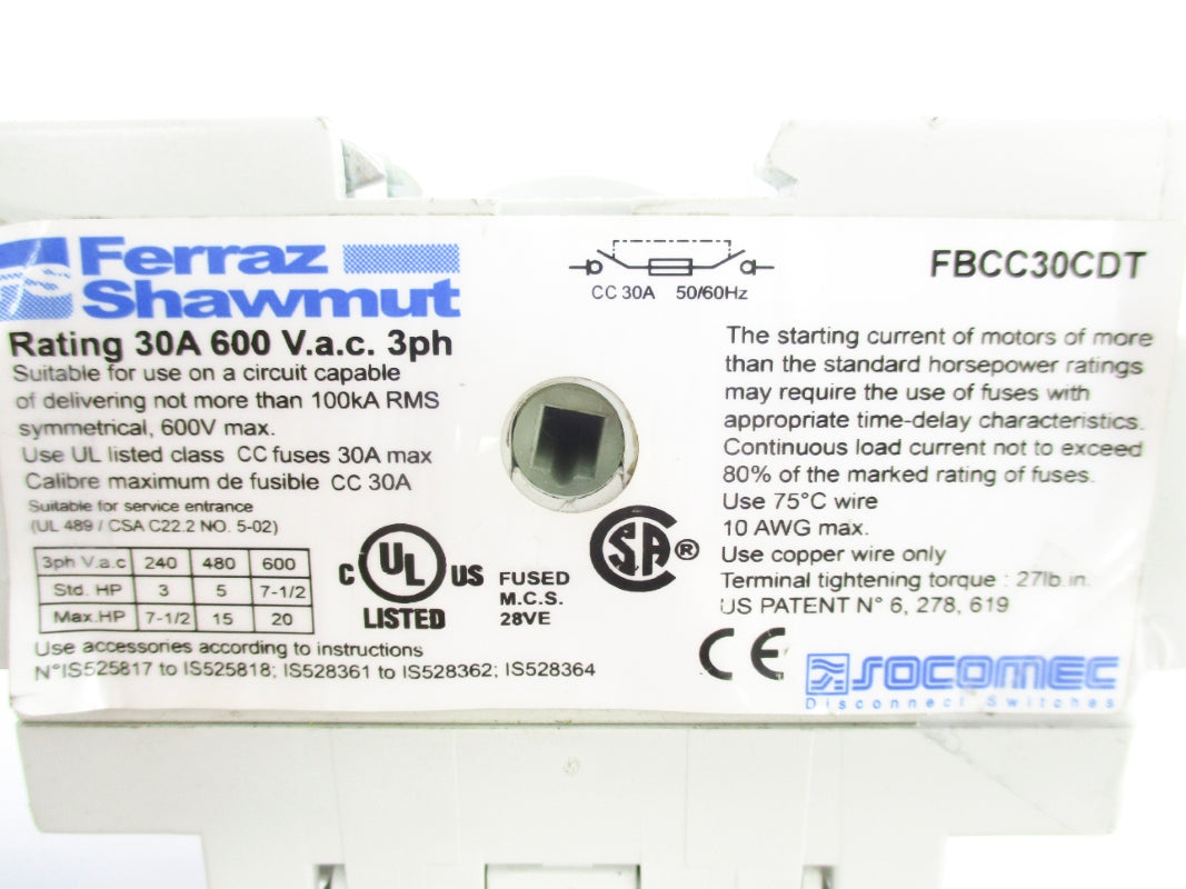 FERRAZ SHAWMUT FBCC30CDT 600VAC 30A UNMP