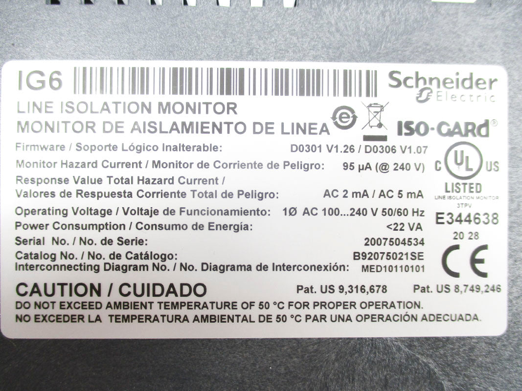 SCHNEIDER ELECTRIC B92075021SE SER. 6 F/W V1.26 100/240VAC NSNP