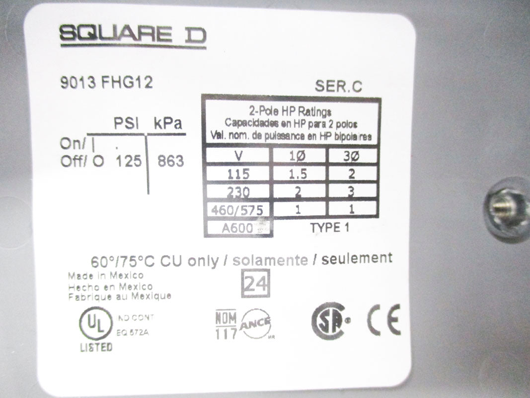 SQUARE D 9013FHG12 SER. C 125PSI 575V NSNP
