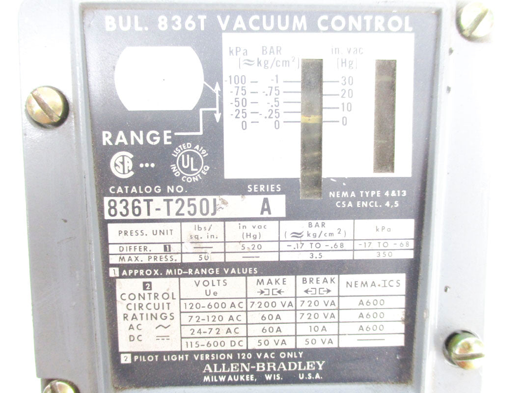 ALLEN BRADLEY 836T-T250J SER. A 120-600VAC 60A 50PSI UNMP