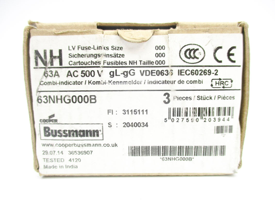 BUSSMANN 63NHG000B 63A 500VAC (PKG OF 3) NSMP