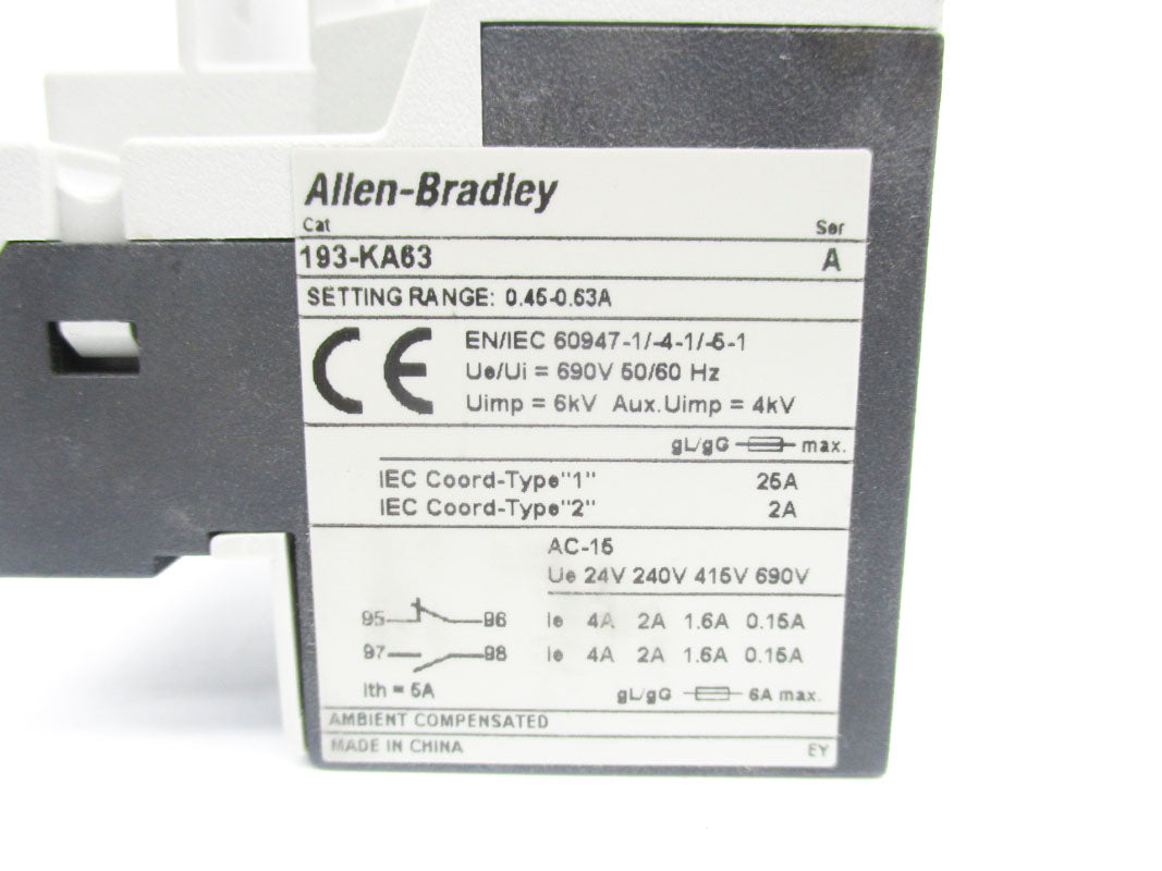 ALLEN BRADLEY 193-KA63 SER. A 0.45-0.63A 690V (BR/WH) NSMP