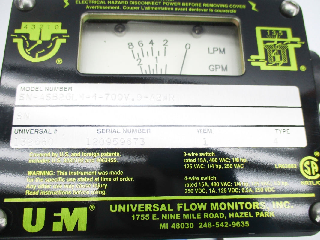 UNIVERSAL FLOW MONITORS SN-ASB2GLM-4-700V.9-A2WR 15A 480VAC NSNP