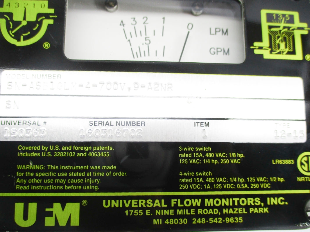 UNIVERSAL FLOW MONITORS SN-ASB1GLM-4-700V.9-A2NR 15A 480VAC NSNP