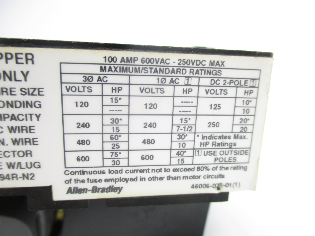 ALLEN BRADLEY 1494F-D100 SER. D 600VAC 100A UNMP
