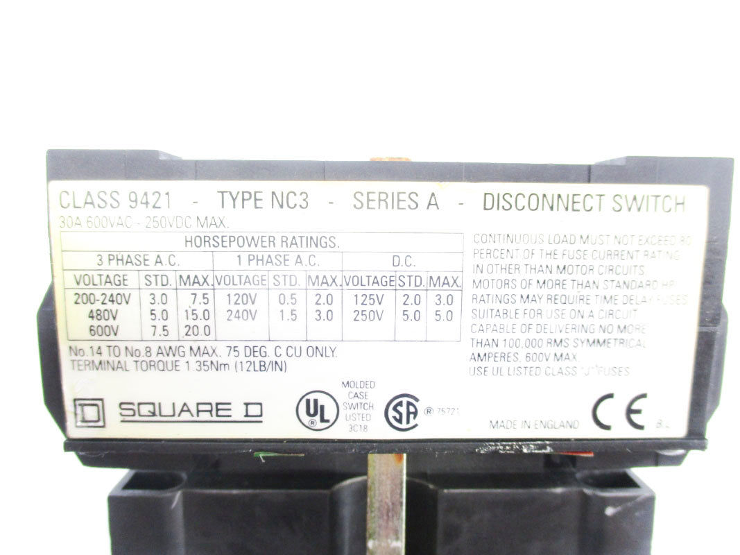 SQUARE D 9421NC3 SER. A 600VAC 30A UNMP