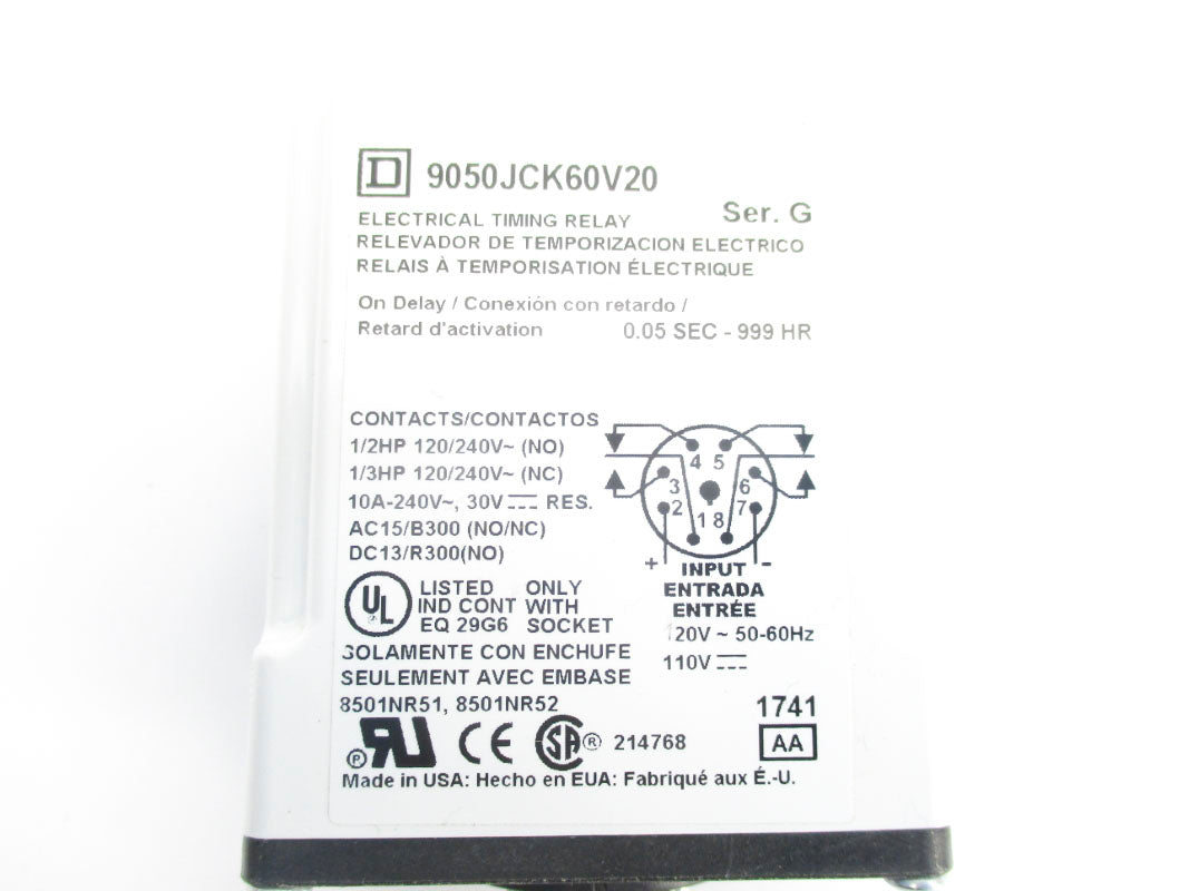 SQUARE D 9050JCK60V20 SER. G 0.05S-999HR 120/240V 10A NSNP