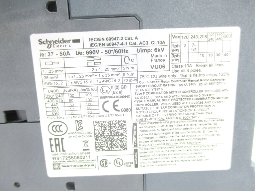 SCHNEIDER ELECTRIC GV3P50 37-50A 690V (AS PICTURED) NSNP