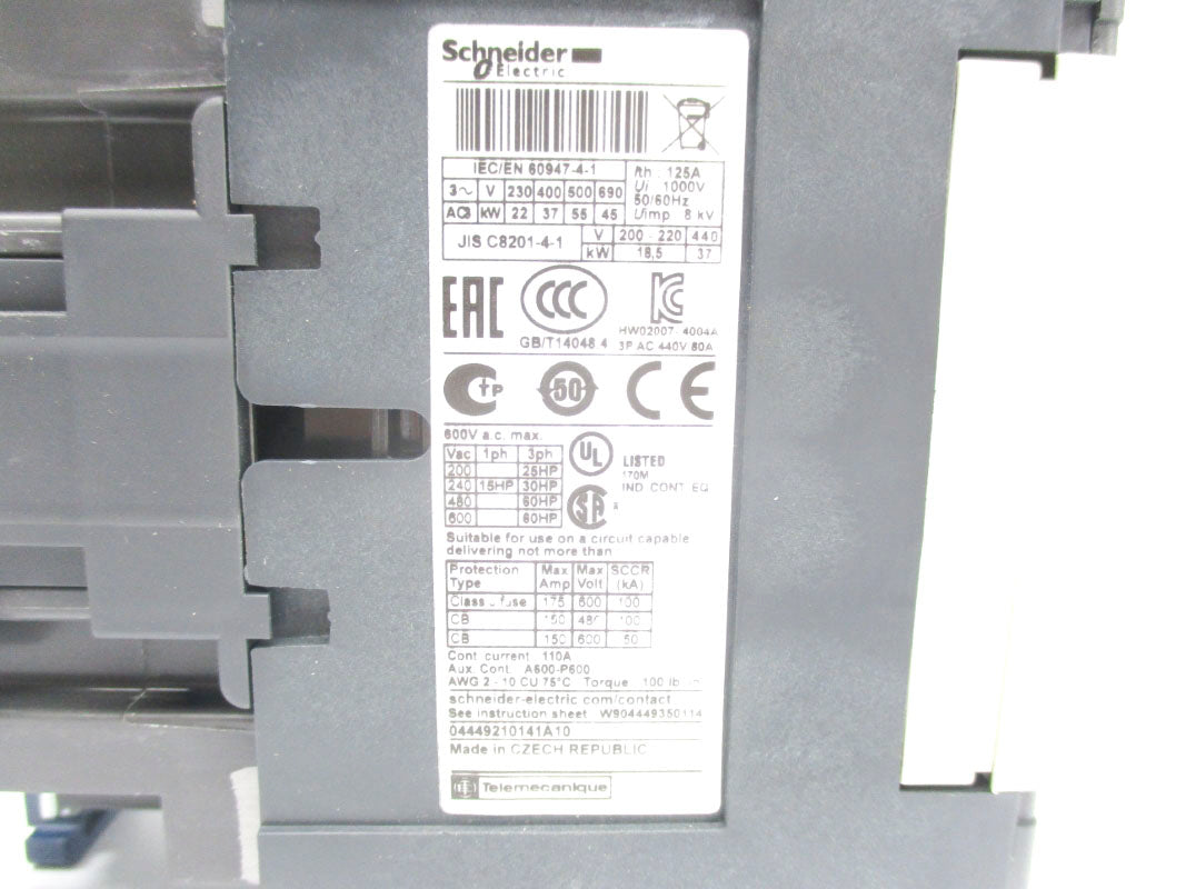 SCHNEIDER ELECTRIC LC1D80T6 480V 125A NSNP