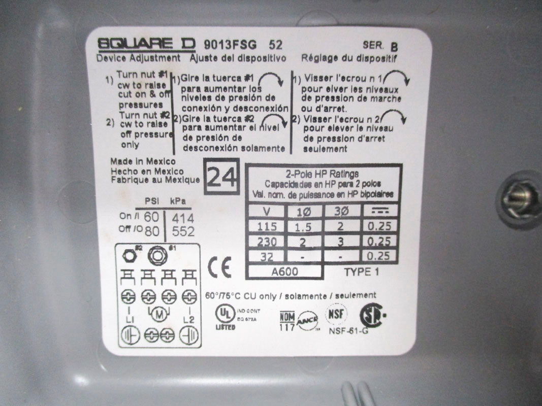 SQUARE D 9013FSG52 SER. B 60/80PSI 230V NSNP