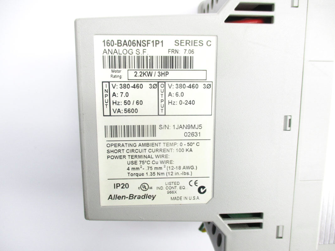 ALLEN BRADLEY 160-BA06NSF1P1 SER. C F/W 7.06 380-460V 7.0A UNMP