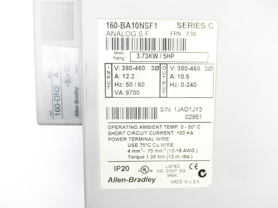 ALLEN BRADLEY 160-BA10NSF1 SER. C F/W 7.06 380-460V 12.2A UNMP
