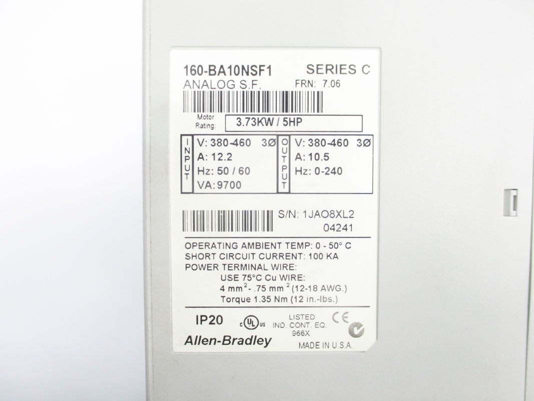 ALLEN BRADLEY 160-BA10NSF1 SER. C F/W 7.06 380-460V 12.2A (AS PICTURED) UNMP