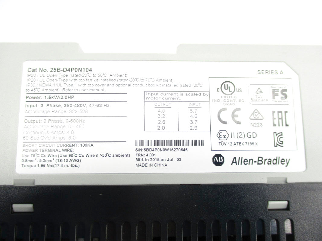 ALLEN BRADLEY 25B-D4P0N104 SER. A F/W 4.001 380-480V 6.0A (AS PICTURED) UNMP