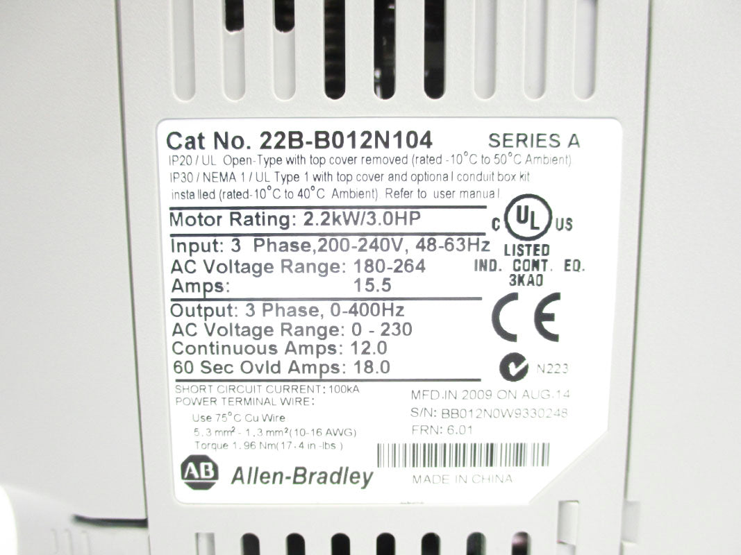 ALLEN BRADLEY 22B-B012N104 SER. A F/W 6.01 180-264V 12.0A NSMP