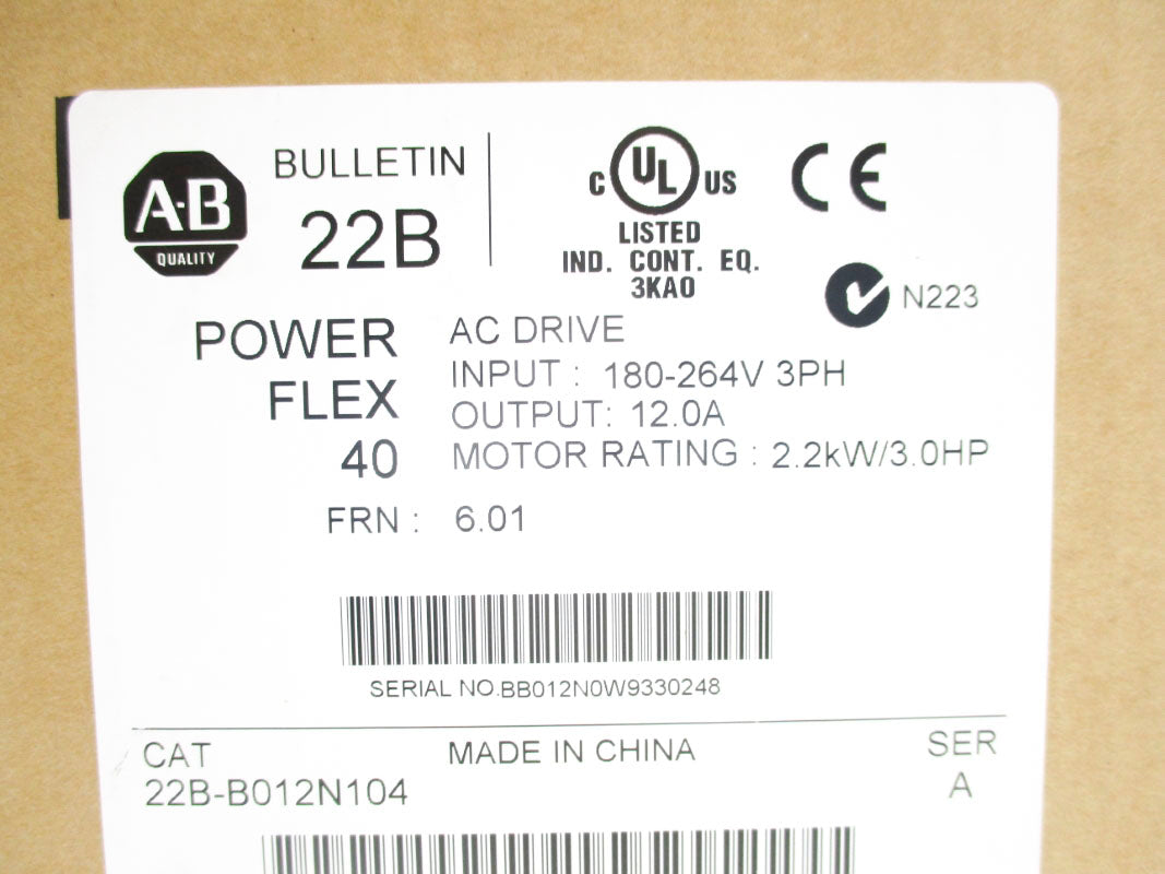 ALLEN BRADLEY 22B-B012N104 SER. A F/W 6.01 180-264V 12.0A NSMP