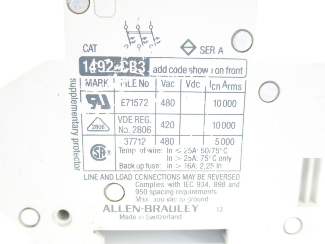 ALLEN BRADLEY 1492-CB3G150 SER. A 480VAC 15A (AS PICTURED) UNMP