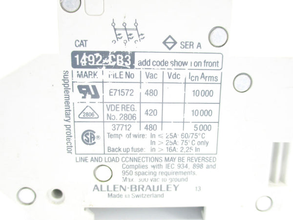 ALLEN BRADLEY 1492-CB3G150 SER. A 480VAC 15A (AS PICTURED) UNMP