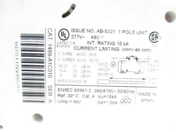 ALLEN BRADLEY 1489-A1C010 SER. A 277V 1A UNMP