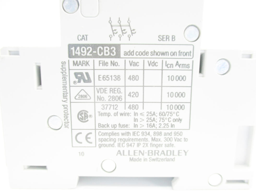 ALLEN BRADLEY 1492-CB3G020 SER. B 480VAC 2A (AS PICTURED) NSNP
