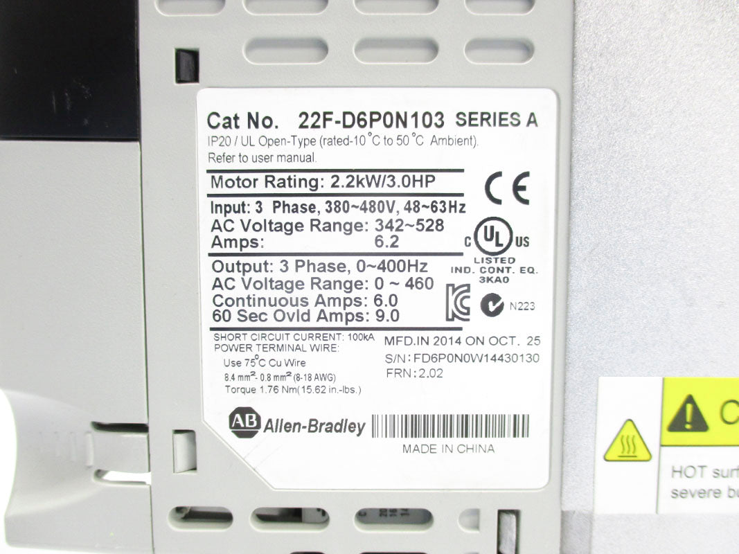 ALLEN BRADLEY 22F-D6P0N103 SER. A F/W 2.02 380-480V 6.2A UNMP
