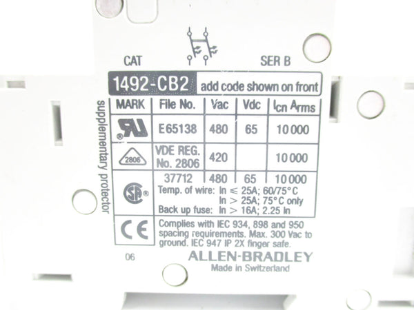 ALLEN BRADLEY 1492-CB2G100 SER. B 10A 480V UNMP
