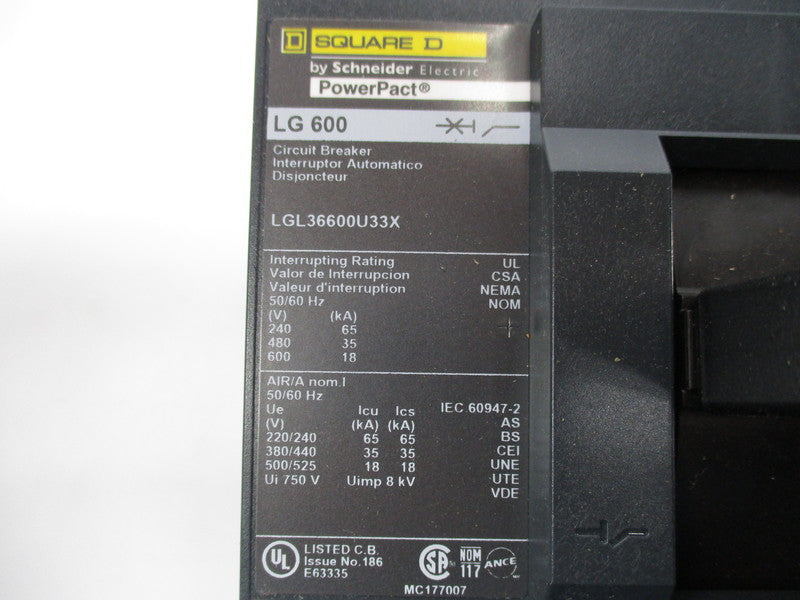 SQUARE D LGL36600U33X CIRCUIT BREAKER 600A 600V NSMP