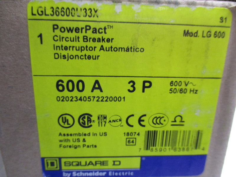 SQUARE D LGL36600U33X CIRCUIT BREAKER 600A 600V NSMP