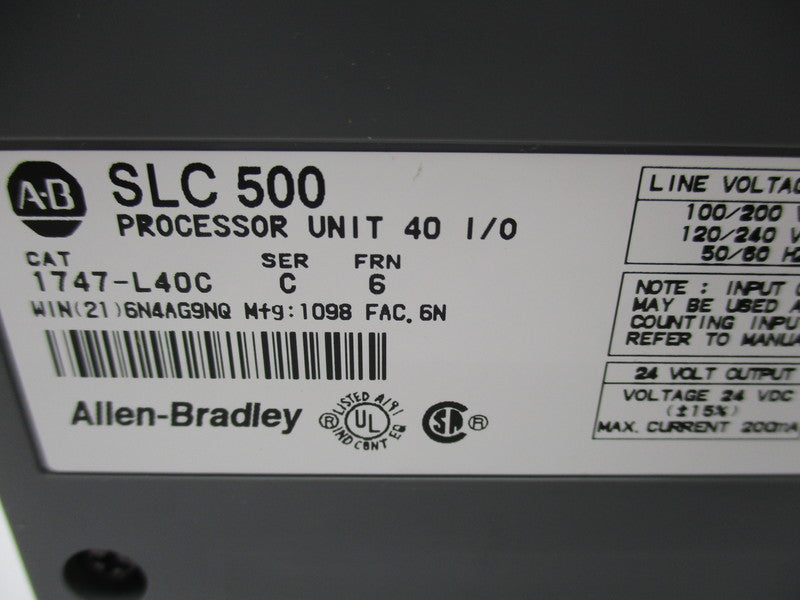 ALLEN BRADLEY SLC 500 1747-L40C PROCESSOR UNIT 250V 50/60HZ SER. C F/W: 6 NSMP