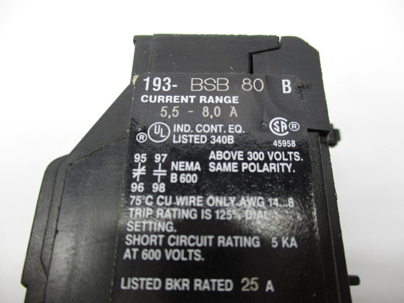 ALLEN BRADLEY 193-BSB80 SER. B  5.5-8.0A UNMP
