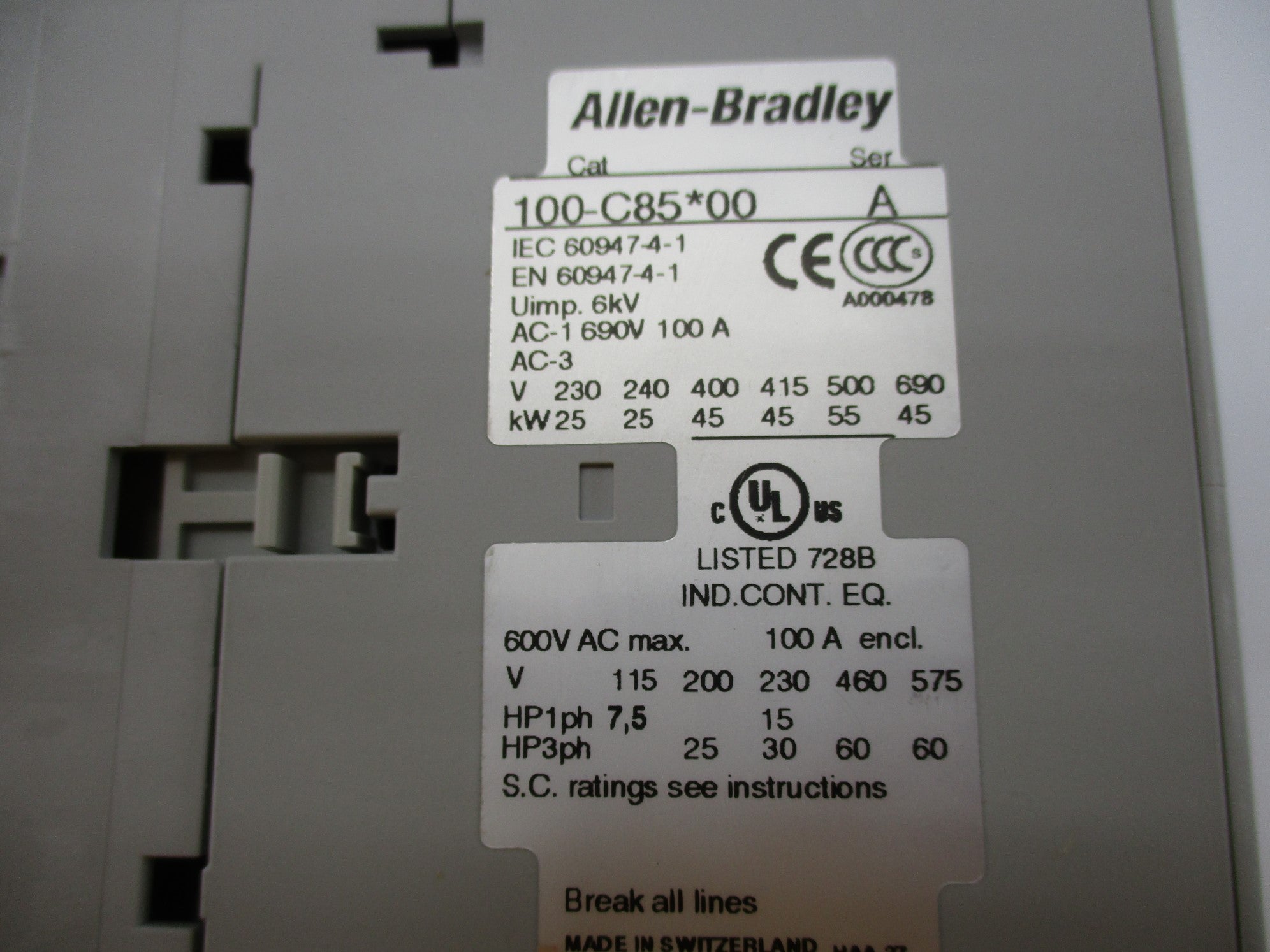 ALLEN BRADLEY 100-C85D10 SER. A 110-120V (BR/WH) NSMP