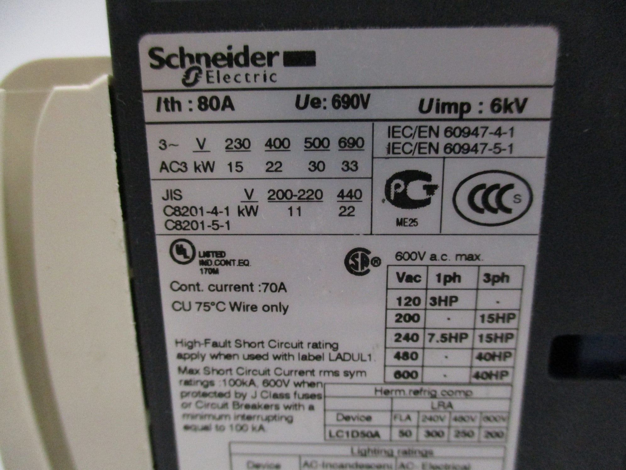 SCHNEIDER ELECTRIC LC1D50AU7 240VAC 50A NSMP