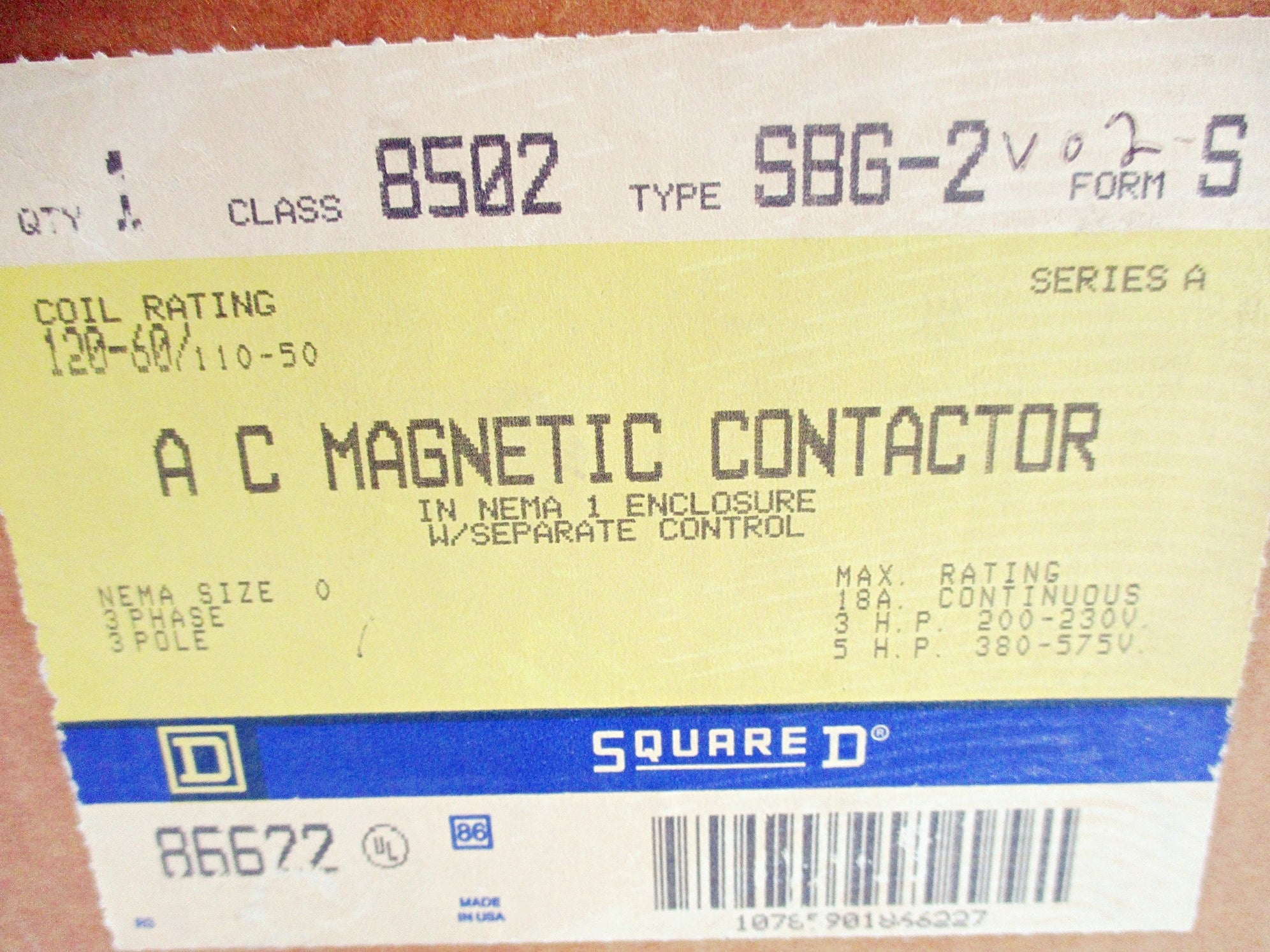 SQUARE D 8502-SBG-2V02S SER. A 110/120V NSMP